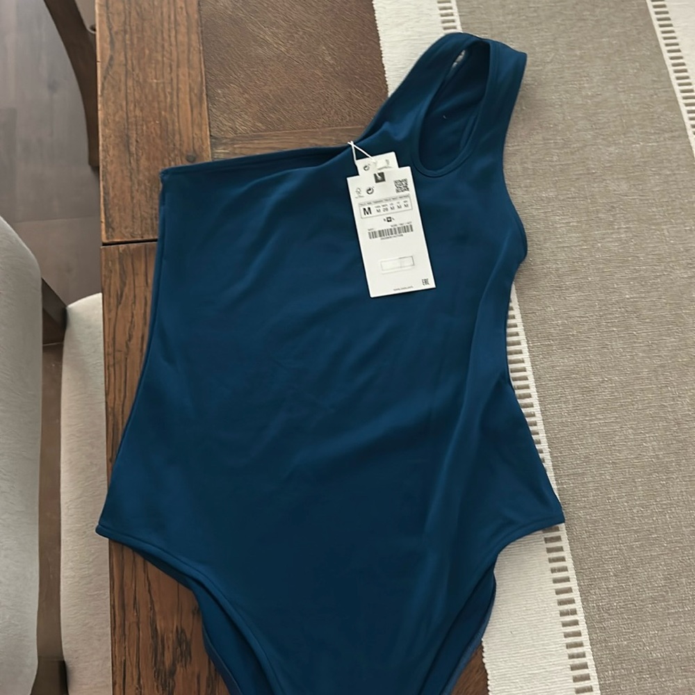 Zara Teal One-Shoulder Bodysuit